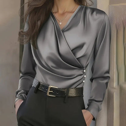 Women's Elegant Cross V-Neck Blouse, Ruffle Detail Button Accent Office Shirt FitiqueFit