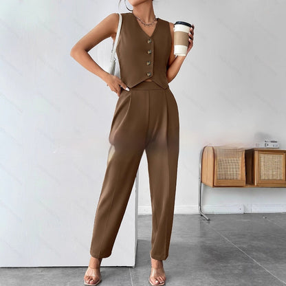 Women’s Coffee Sleeveless Pleated Jumpsuit FitiqueFit