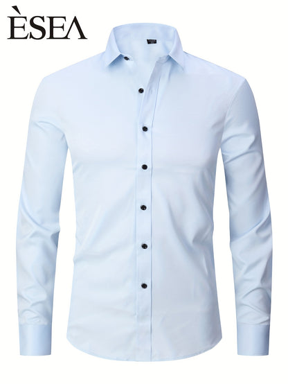 Men'S Stretch Slim-Fit Formal Shirt Without Pockets, Light Business Turn- Collar Long-Sleeved Shirt, Men'S Business Shirt, Wrinkle-Resistant And Durable Solid Color Formal Long-Sleeved Shirt with Buttons And Pockets, Suitable NovaCart