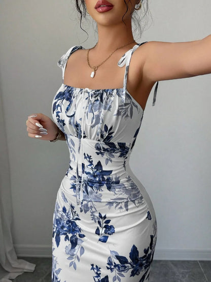 Printed Tie Strap Slit Maxi Dress New Era Fashion LLc