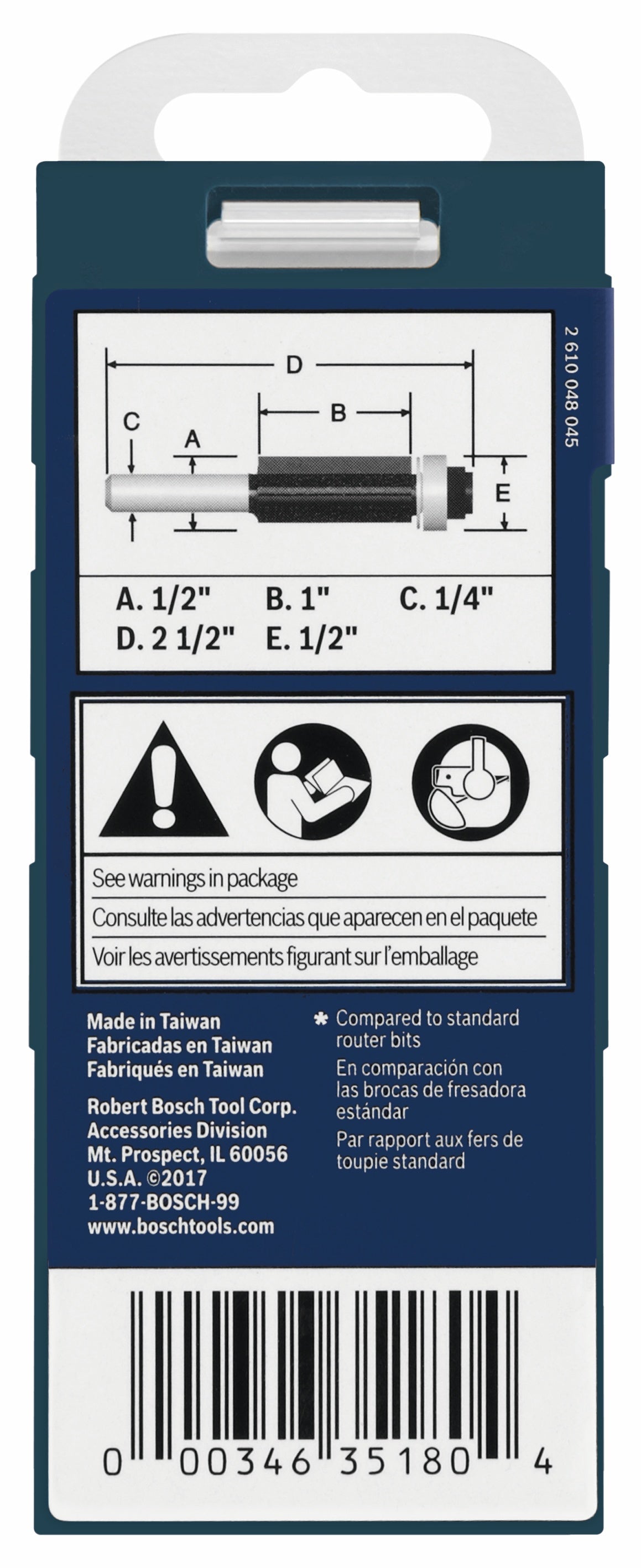 BOSCH 85266MC 1/2 In. x 1 In. Carbide-Tipped Double-Flute Flush Trim Router Bit VM Hardware