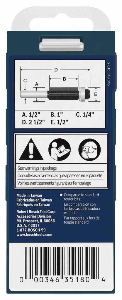 BOSCH 85266MC 1/2 In. x 1 In. Carbide-Tipped Double-Flute Flush Trim Router Bit VM Hardware