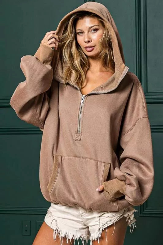 BiBi Stitch Detailed Elastic Hem Half Zip Fleece Hoodie FitiqueFit