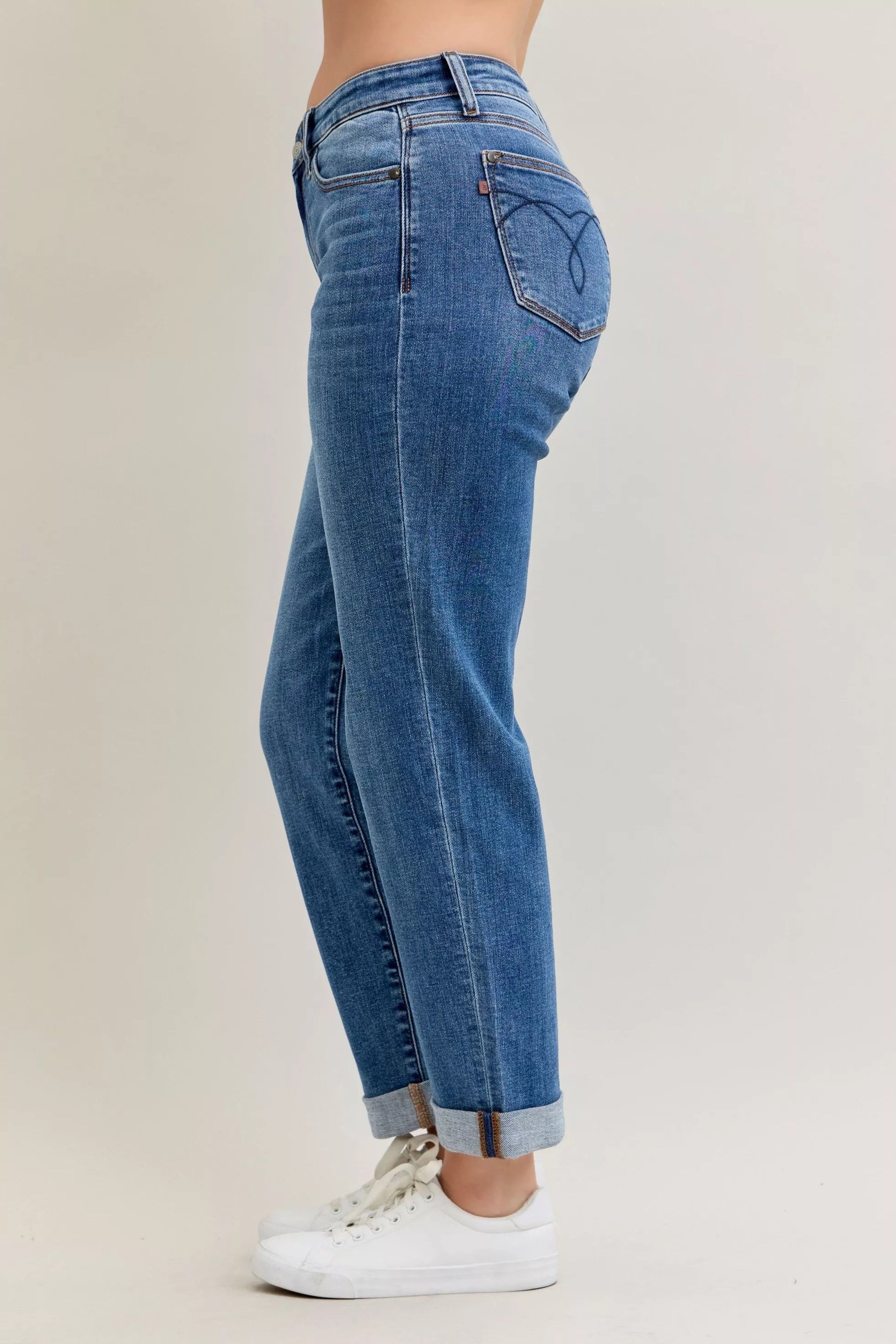 Judy Blue Full Size Mid Rise BF Classic Cuffed Jeans Plus Size Garden Naked Curves