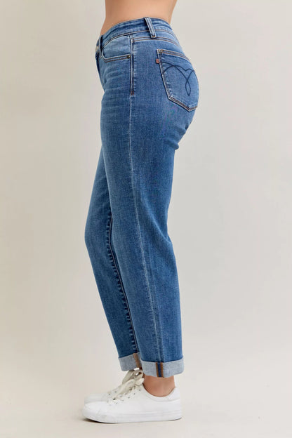 Judy Blue Full Size Mid Rise BF Classic Cuffed Jeans Plus Size Garden Naked Curves