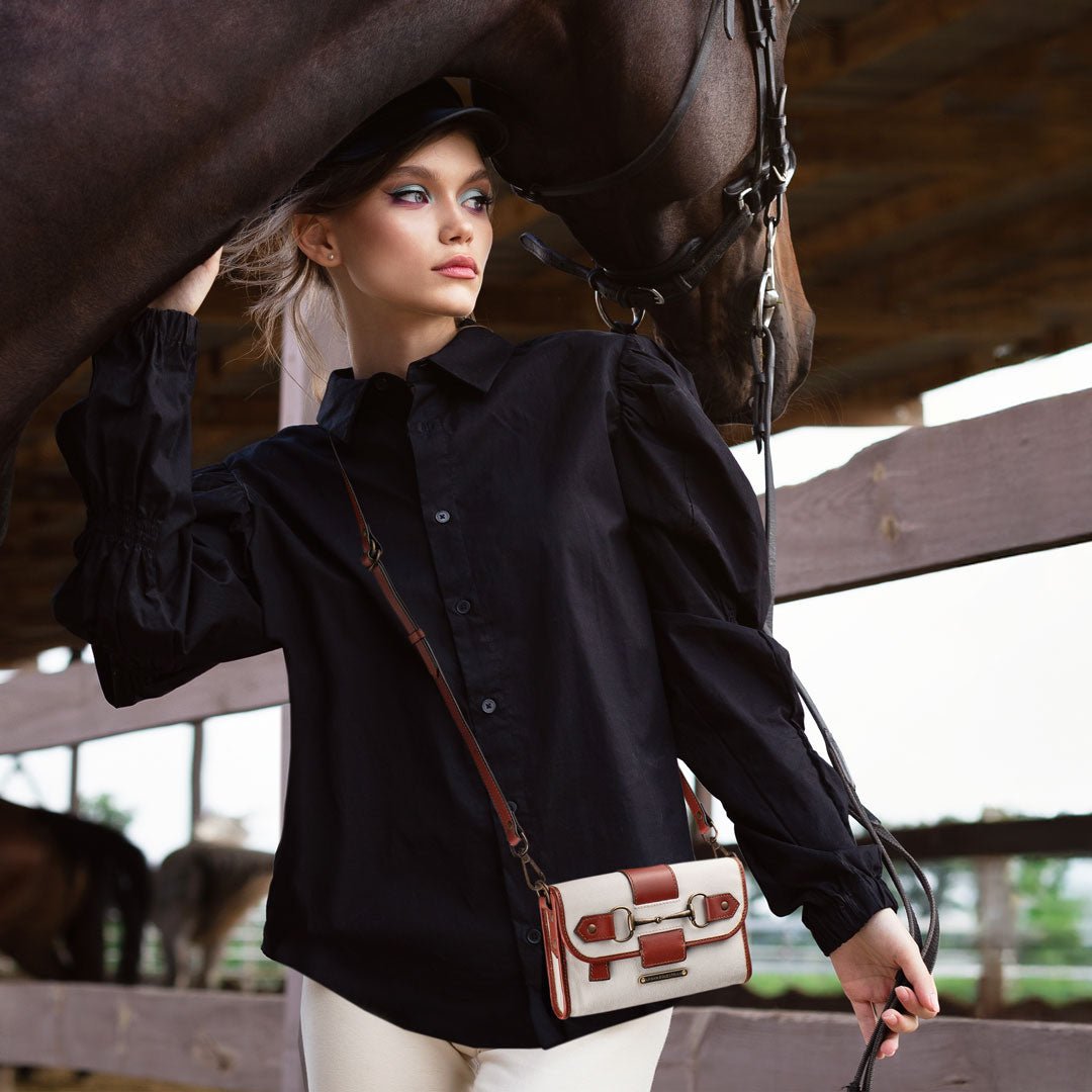 Dalton - Horse Bit Crossbody Luxury Leather Handbag in Cognac on Ivory Urban-Equestrian
