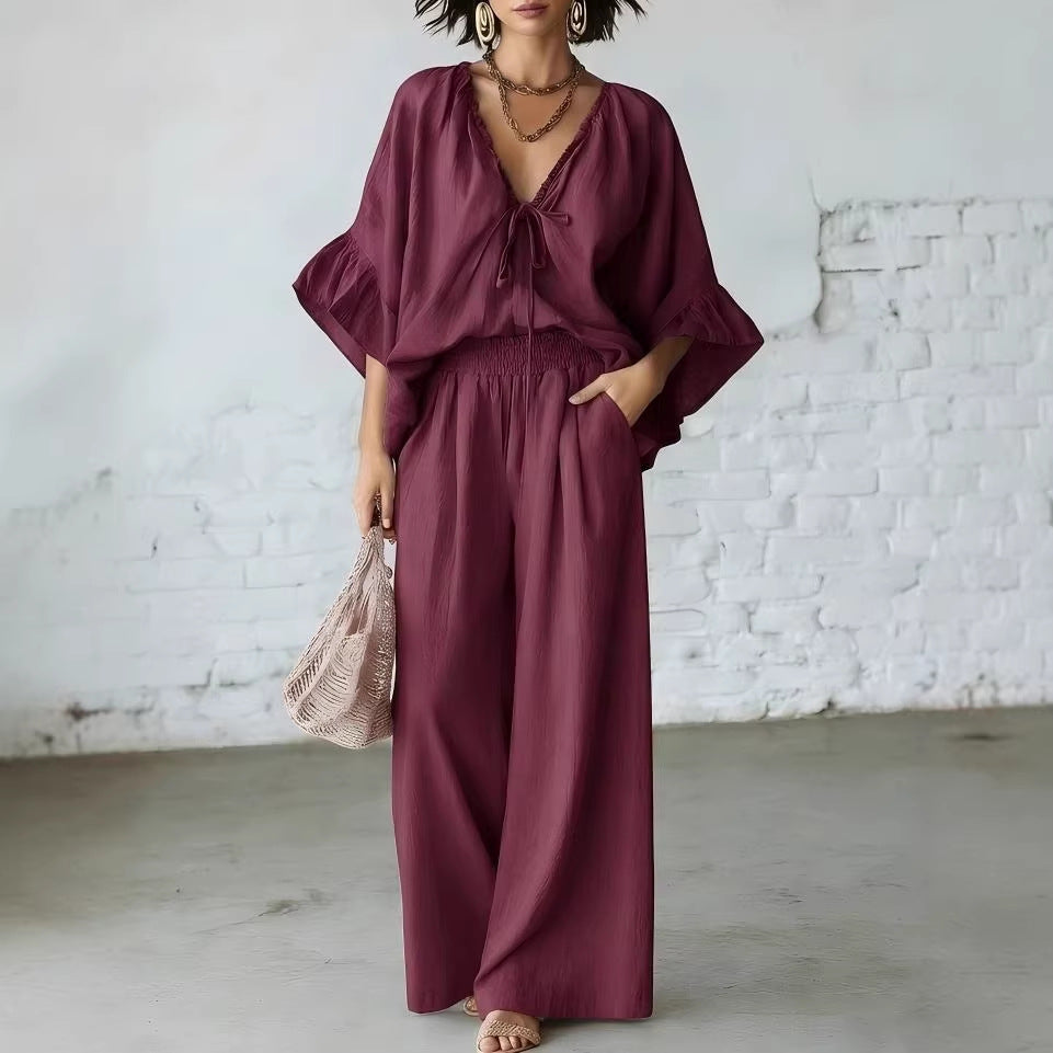 Women's Loose-Fit V-Neck Top & Wide-Leg Pants Two-Piece Set FitiqueFit