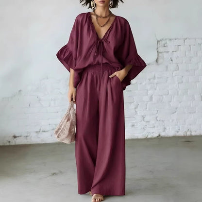 Women's Loose-Fit V-Neck Top & Wide-Leg Pants Two-Piece Set FitiqueFit