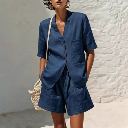 Women's Cotton-Linen Loose-Fit T-Shirt & Cropped Shorts Two-Piece Set FitiqueFit