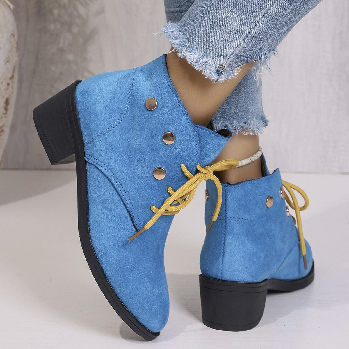 Women's Chunky Heel Pointed-Toe Lace-Up Ankle Boots FitiqueFit