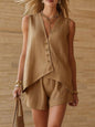 Women's Cotton-Linen V-Neck Button Sleeveless Top & Shorts Set FitiqueFit