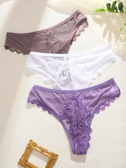 3pcs Women's Lace Thong Set, Sexy Semi-Sheer Panties NovaCart