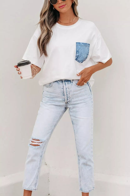 Color Block Chest Pocket Patched Casual Short Sleeve Top New Era Fashion LLc