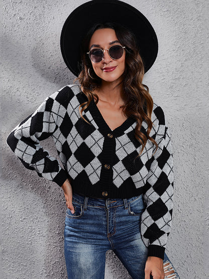 Women'S Elegant Tartan Knit Cardigan, V-Neck Short Length Sweater with Button Detail, Acrylic 100% Long Sleeve Knitwear for Fall/Winter NovaCart