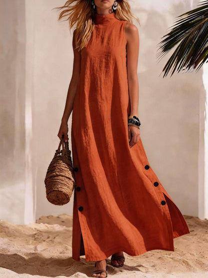 Cotton Linen Sleeveless Midi Dress – Side Slits & Loose Fit FitiqueFit