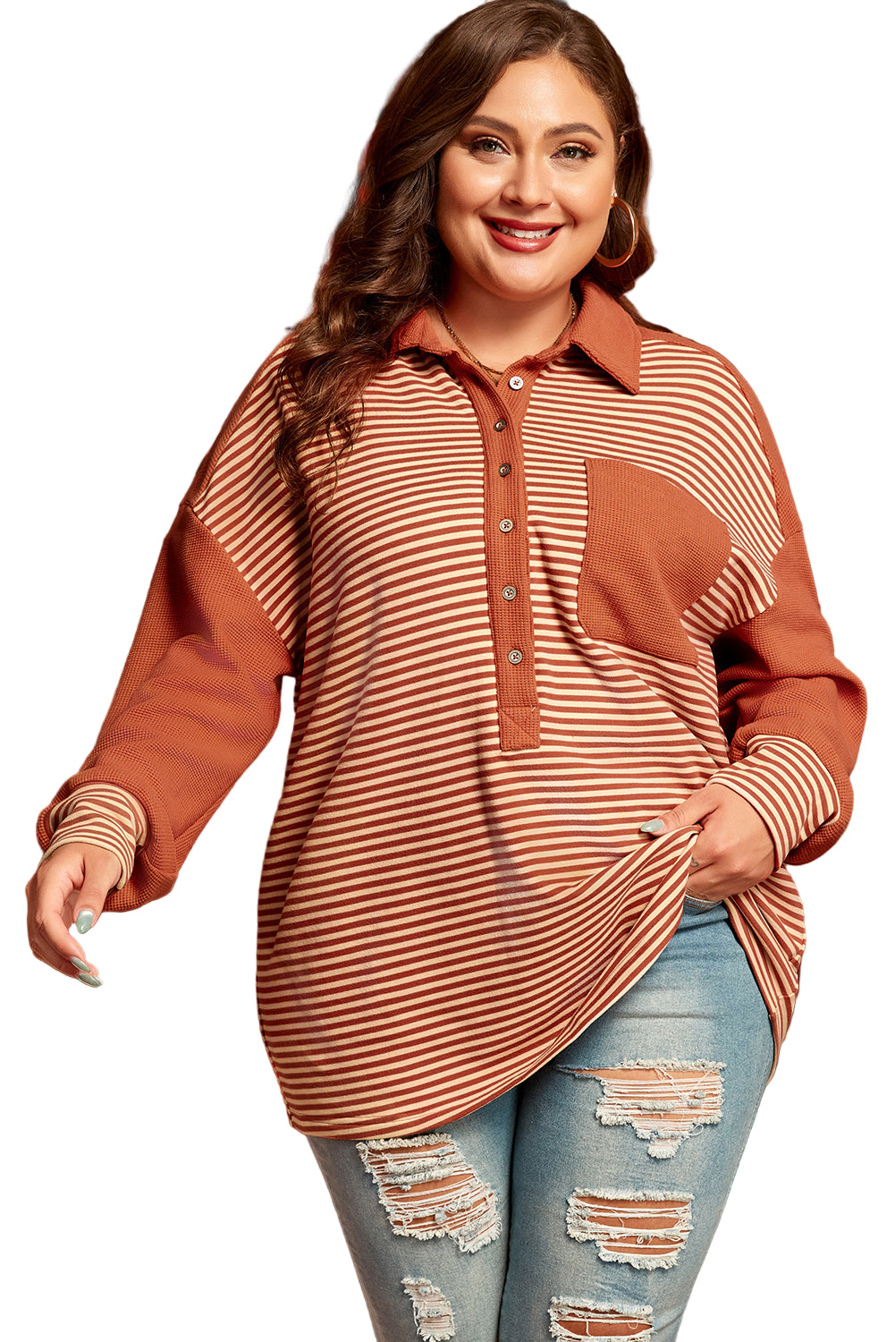 Red Stripe Textured Patched Drop Shoulder Buttoned Plus Size Sweatshirt Garden Naked Curves