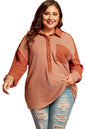 Red Stripe Textured Patched Drop Shoulder Buttoned Plus Size Sweatshirt Garden Naked Curves
