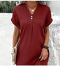 Button-Front V-Neck Dress – Short Sleeve Solid Casual Shirt Dress FitiqueFit