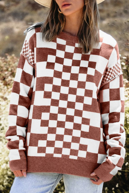 Checker Round Neck Drop Shoulder Sweater Shop Style & More | Fresh Looks, Everyday Deals & Free Shipping
