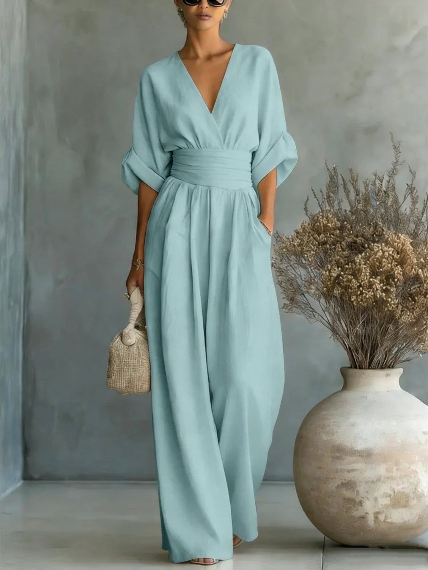 Women's V-Neck Wide-Leg Jumpsuit – High Waist Pleated Elegant 11 Colors S–5XL FitiqueFit