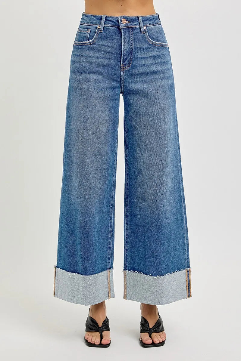 RISEN Full Size Tummy Control High Rise Crop Wide Cuffed Jeans Plus Size West2East Surf