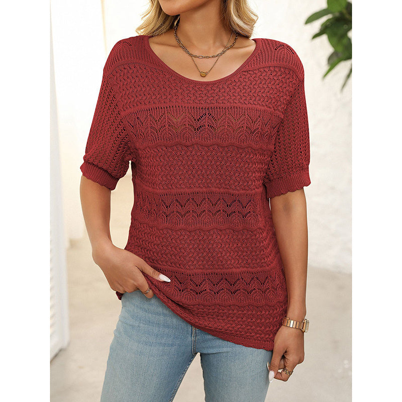 Women’s Short Sleeve Crochet Knit Hollow-Out Top FitiqueFit