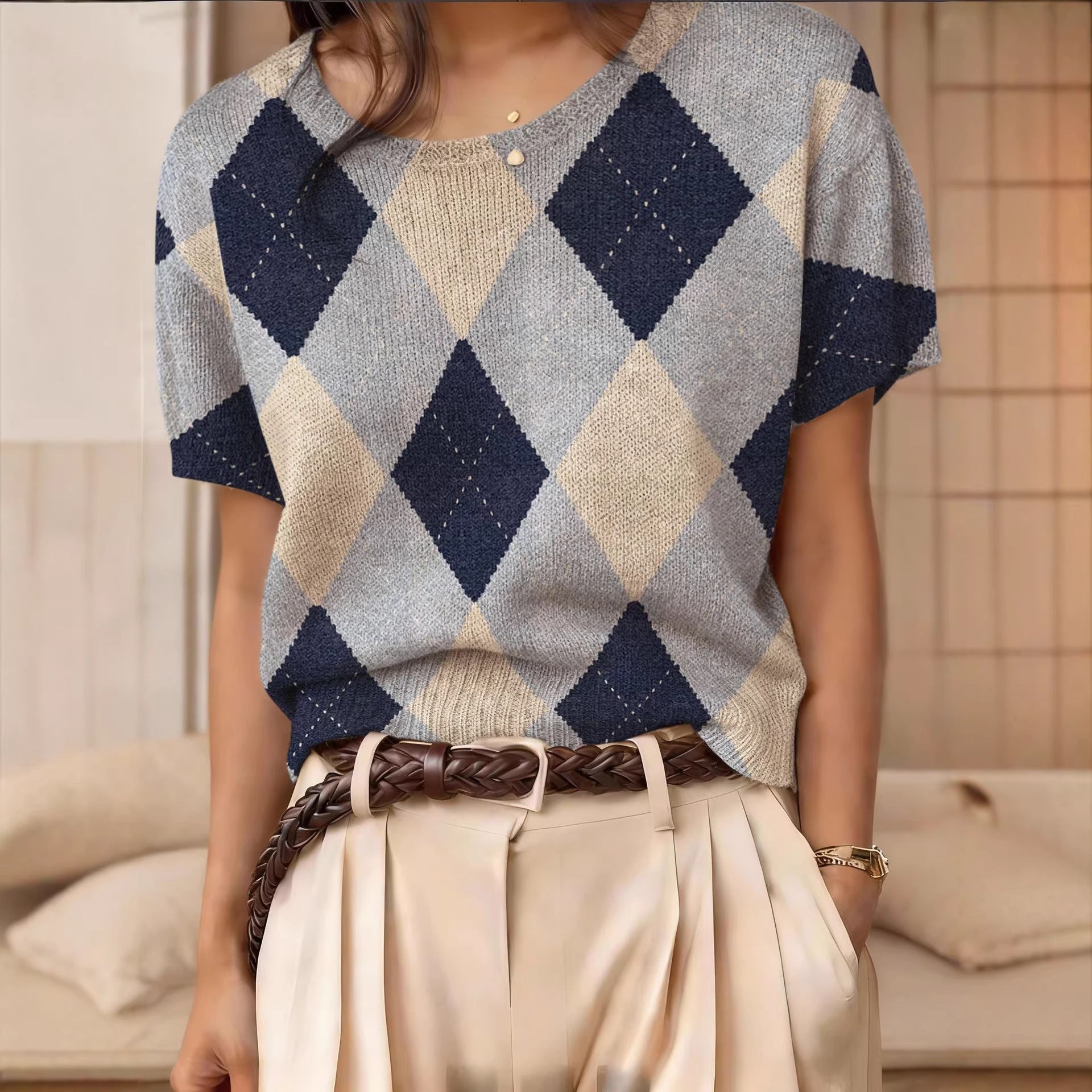 Women's Retro Short-Sleeve Jacquard Knit Top FitiqueFit