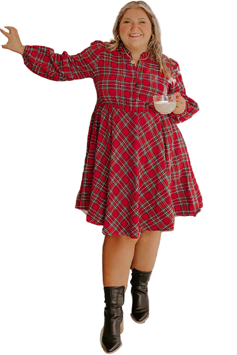 Red Plus Size Plaid Half Button Long Sleeve Holiday Dress Garden Naked Curves