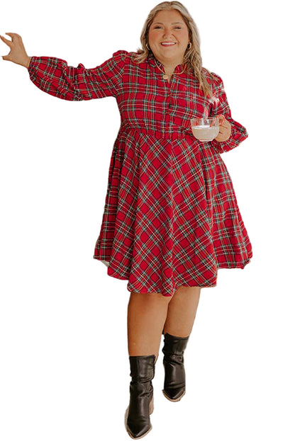 Red Plus Size Plaid Half Button Long Sleeve Holiday Dress Garden Naked Curves