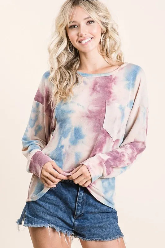 BiBi Tie Dye Print Terry Top With Front Patch Pocket New Era Fashion LLc