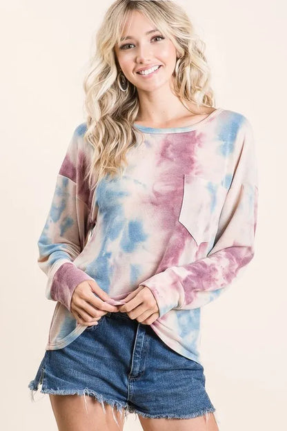 BiBi Tie Dye Print Terry Top With Front Patch Pocket New Era Fashion LLc