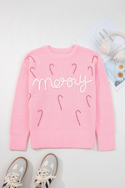 Merry Candy Cane Embroidered Crewneck Sweater Shop Style & More | Fresh Looks, Everyday Deals & Free Shipping