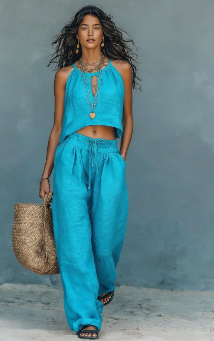 Women's Sleeveless Tank Top & Wide-Leg Pants Set – Linen Blend Summer Two-Piece FitiqueFit