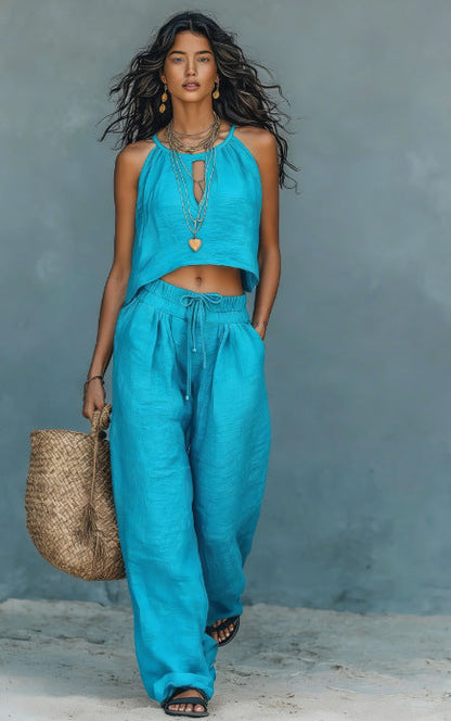 Women's Sleeveless Tank Top & Wide-Leg Pants Set – Linen Blend Summer Two-Piece FitiqueFit