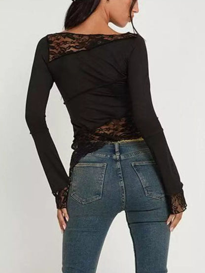 Asymmetrical Lace Trim Long Sleeve T-Shirt New Era Fashion LLc