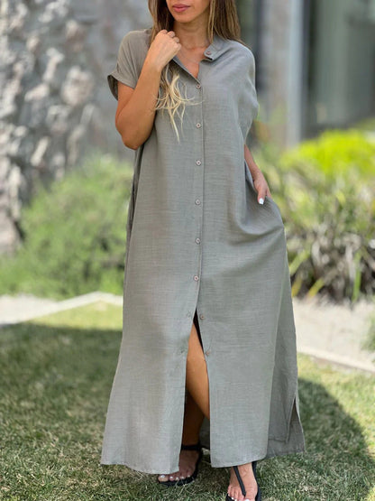 Cotton And Linen Casual Short-sleeved Cardigan Dress Grayceful LLC