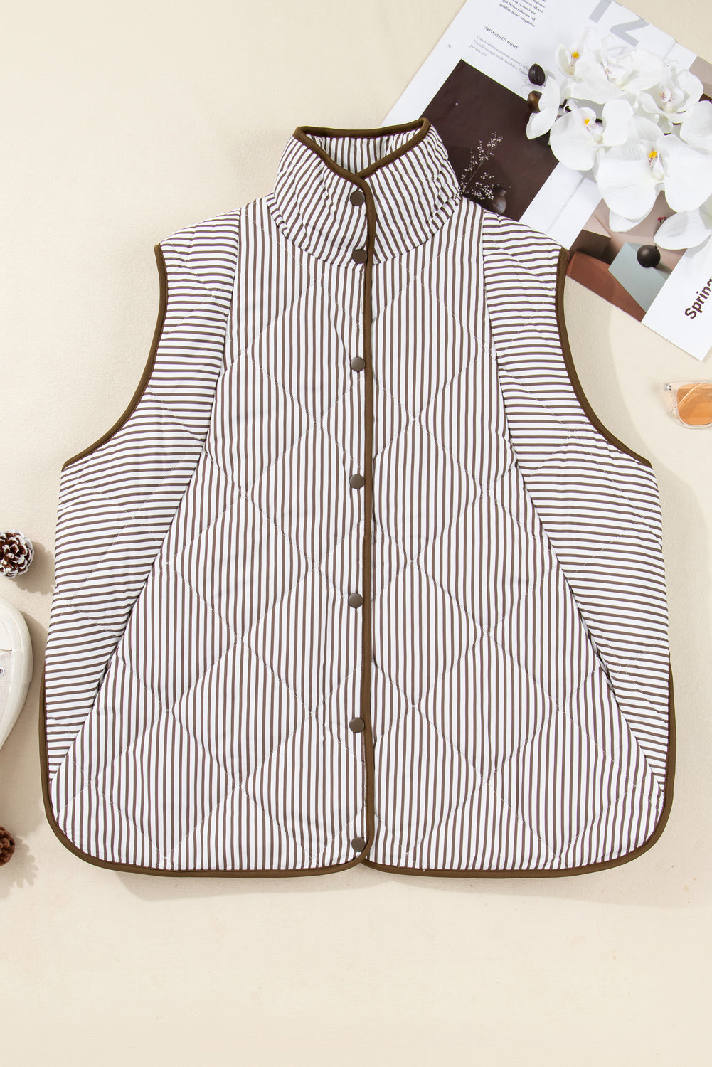 Brown Stripe Quilted Wavy Hem Snap Button Plus Size Vest Garden Naked Curves
