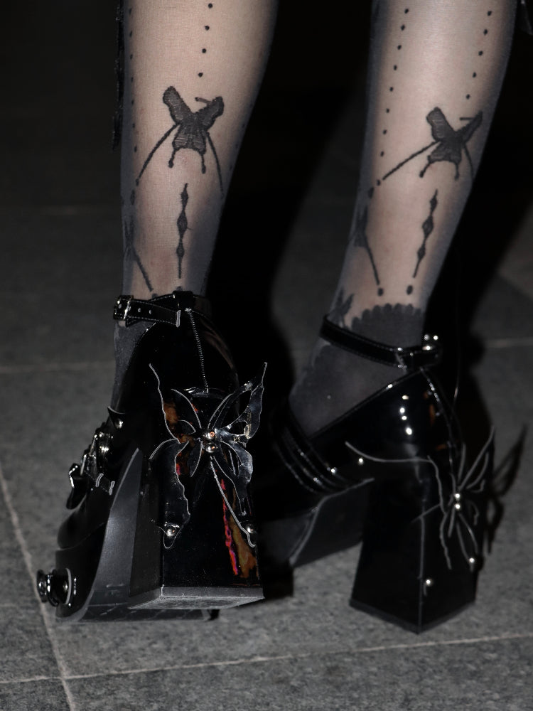 Rivet Bow Round Toe Bright Leather Platform Thick High Heels See size chart under “more details” The Fashion Celestial
