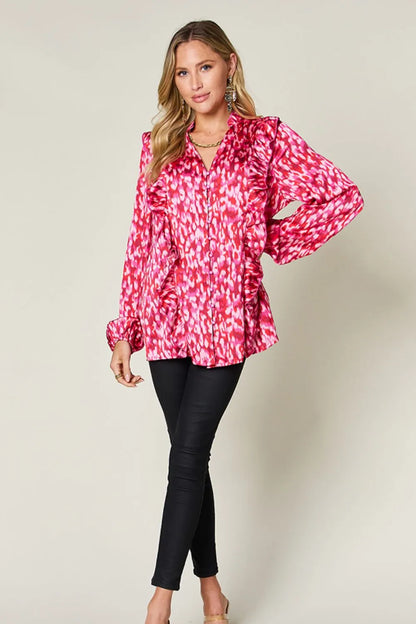 Double Take Full Size Printed Ruffle Trim Balloon Sleeve Shirt New Era Fashion LLc