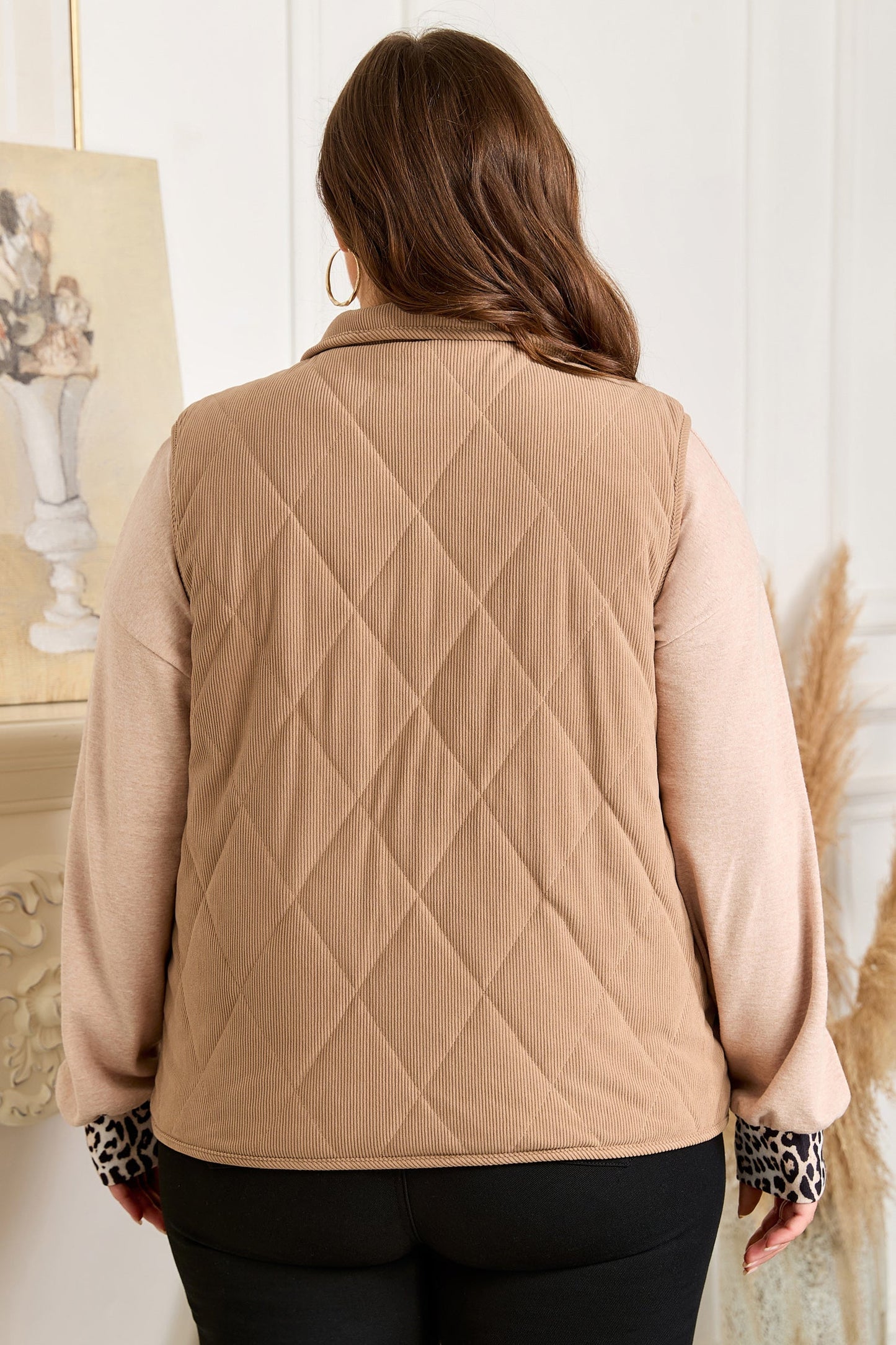 Camel Plus Size Quilted Cord Snap Button Vest Jacket Garden Naked Curves
