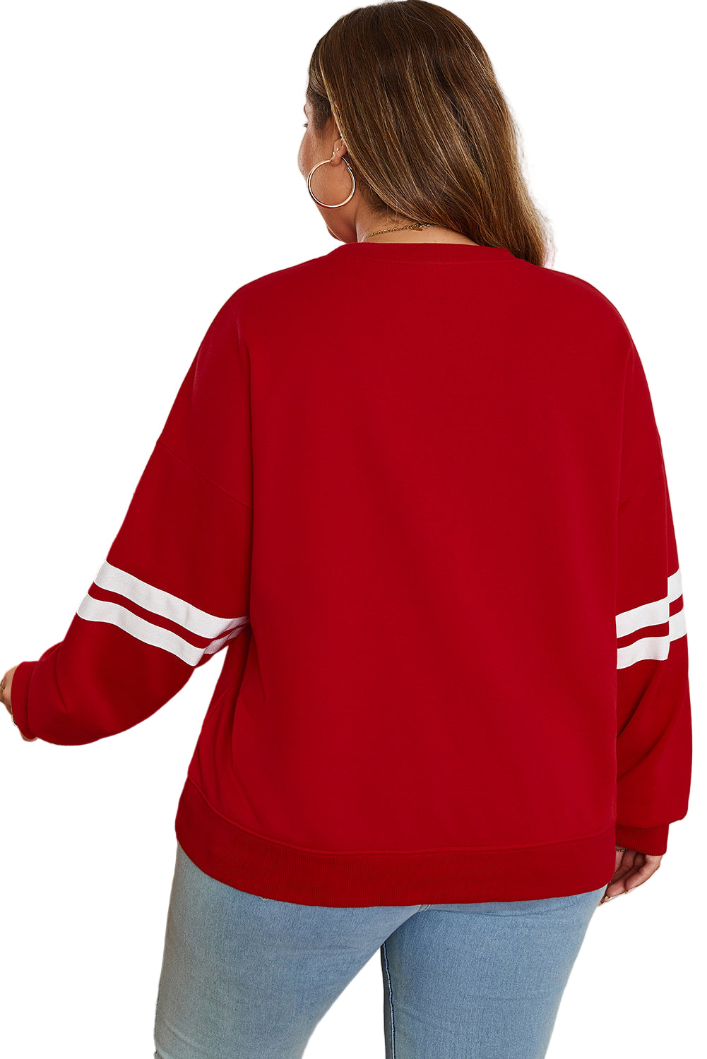 Fiery Red Varsity Striped Detail Crew Neck Plus Sweatshirt Garden Naked Curves