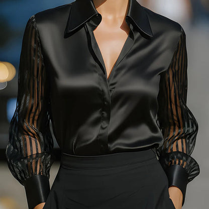 Women’s Satin Lapel Collar Blouse – Sheer Long Sleeve Button-Down Shirt for Office & Spring/Autumn Wear FitiqueFit