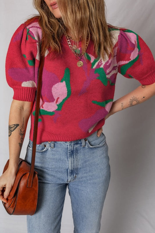 Floral Abstract Short Puff Sleeve Sweater Shop Style & More | Fresh Looks, Everyday Deals & Free Shipping