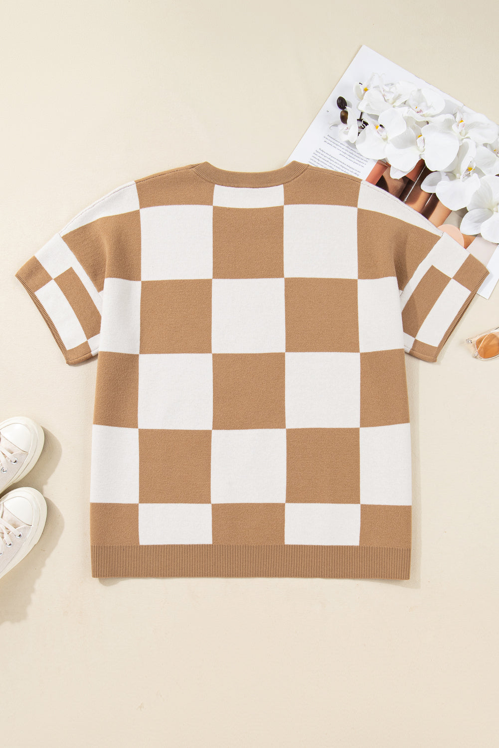 Light French Beige Plus Size Checkered Pattern Knit Short Sleeve Sweater Garden Naked Curves