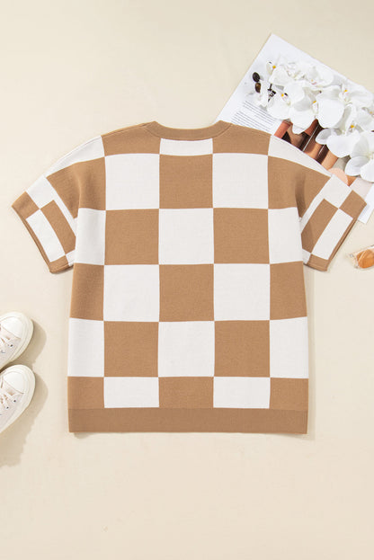 Light French Beige Plus Size Checkered Pattern Knit Short Sleeve Sweater Garden Naked Curves