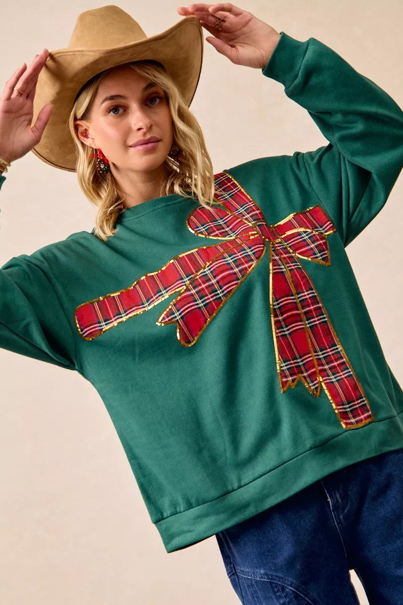 BiBi Plaid Ribbon Bow Detail Christmas Fleece Pullover FitiqueFit