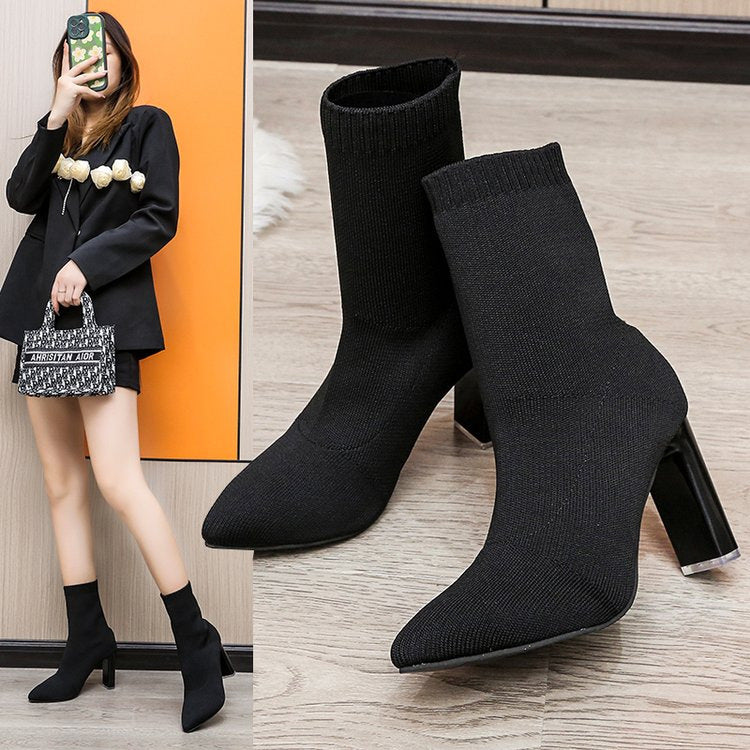 Women’s Chunky-Heeled Knitted Suede Ankle Boots FitiqueFit
