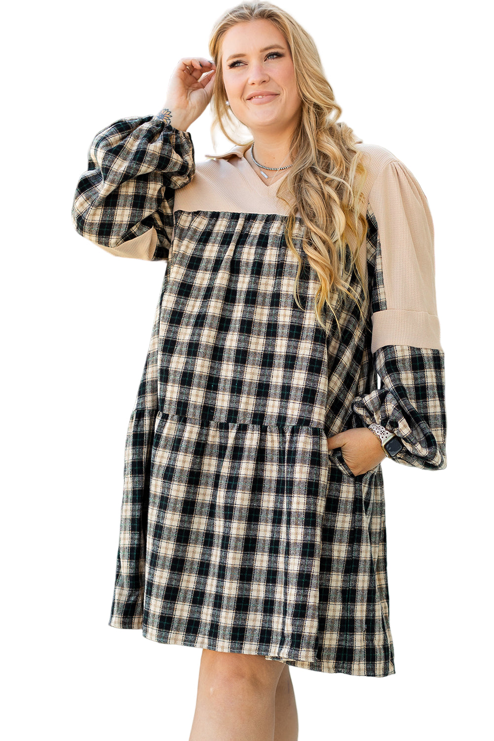 Black Plaid Waffle Knit Patchwork Collared V Neck Plus Size Mini Dress Garden Naked Curves