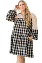Black Plaid Waffle Knit Patchwork Collared V Neck Plus Size Mini Dress Garden Naked Curves