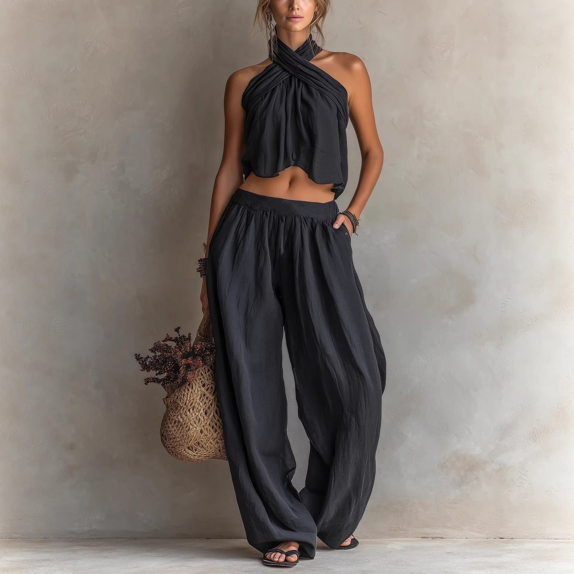 Women's Loose Sleeveless Top & Wide-Leg Pants Set – Linen Blend FitiqueFit